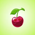 Amorous cartoon cherry symbol. Cute smiling cherry icon isolated on green background