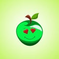 Amorous cartoon green apple symbol. Cute smiling apple icon isolated on green background