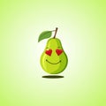 Amorous cartoon pear symbol. Cute smiling pear icon isolated on green background Royalty Free Stock Photo