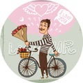 Amorous Frenchman on a bicycle with red roses