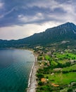 Amos Ancient city landscape. Kumlubuk beach, sea and mountain. Beauty in nature. Marmaris, Mugla, Turkey. Holiday and summer