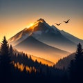 Amountain illustration with a sunset with birds flying