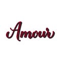 Amour calligraphy hand lettering. Love inscription in French. Red buffalo plaid pattern. Vector template for Valentines day poster Royalty Free Stock Photo