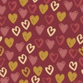 Amour heart elements seamless pattern. Simple love ornament in pastel palette on maroon background