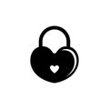 Amour Heart Lock, Love Wedding Padlock. Flat Vector Icon illustration. Simple black symbol on white background. Heart Lock, Love