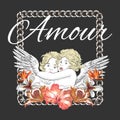 Amour. Vector hand drawn illustration of hugging cupids .