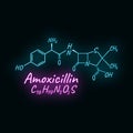 Amoxicillin antibiotic chemical formula and composition, concept structural drug, isolated on black background, neon style vector