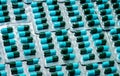 Amoxicillin capsule in blister pack. Pharmaceutical industry. Green-blue antibiotic capsule pills. Antibiotics drug resistance Royalty Free Stock Photo