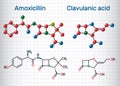 Amoxicillin and clavulanic acid drug molecule. Combination is an antibiotic useful for the treatment of bacterial infections.