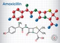 Amoxicillin drug molecule. It is beta-lactam antibiotic. Structural chemical formula and molecule model. Sheet of paper in a cage