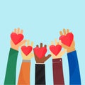 Ampathy and charity. Give love vector. Compassion concept, peace and philanthropy. Raise hands holding heart symbol