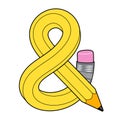 Ampersand mark made up of curved pencil with pink eraser. Vector isolated flat illustration with editable strokes Royalty Free Stock Photo