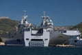 The amphibious assault ships Le Mistral and Le Tonnerre docked in the France Navy base at the harbor of Toulon , France.