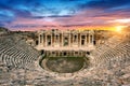 Amphitheater in ancient city of Hierapolis at sunset, Pamukkale in Turkey Royalty Free Stock Photo