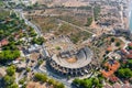 Amphitheater in Side. Tyukhe Temple. Agora. Ruins of the ancient city. Turkey. Manavgat. Antalya. Shooting from a drone. View from