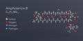 amphotericin b molecule 3d rendering, flat molecular structure with chemical formula and atoms color coding
