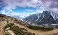 Amphu Gyabjen and Ama Dablan peaks views with clouds, Everest base camp trek, Nepal Royalty Free Stock Photo