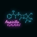 Ampicillin antibiotic chemical formula and composition, concept structural drug, isolated on black background, neon style vector