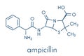 Ampicillin beta-lactam antibiotic drug molecule. Skeletal formula.