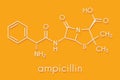 Ampicillin beta-lactam antibiotic drug molecule. Skeletal formula.