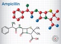 Ampicillin drug molecule. It is beta-lactam antibiotic. Sheet of paper in a cage. Structural chemical formula and molecule model