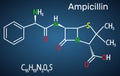 Ampicillin drug molecule. It is beta-lactam antibiotic. Structural chemical formula on the dark blue background