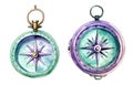 Camping compass winter watercolor clipart illustration with isolated background