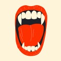 ampire mouth with fangs . Closed, open female red lips with long pointed canine teeth and