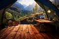 Ample desk space paired with a camping themed background Royalty Free Stock Photo