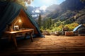 Ample desk space paired with a camping themed background Royalty Free Stock Photo