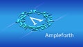 Ampleforth AMPL isometric token symbol of the DeFi project in digital circle on blue background.