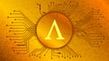 Ampleforth AMPL token symbol of the DeFi project in circle with PCB tracks on gold background.