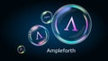 Ampleforth AMPL token symbol in soap bubble, coin DeFi project decentralized finance.