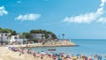 Ampolla town in Tarragona, Spain next to the Mediterranean sea. Beach and marina with empty copy space