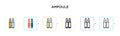 Ampoule vector icon in 6 different modern styles. Black, two colored ampoule icons designed in filled, outline, line and stroke