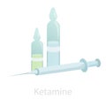 Ampoules with ketamine and a syringe. An illustration of a ketamine anesthetic