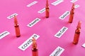 Ampoules with medicine and coronavirus, pandemic headline clipping words on pink background