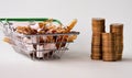 Ampoules and medicines in a basket on a white background. Stacks of coins nearby