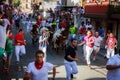 AMPUERO, SPAIN - SEPTEMBER 10: Bulls and people are running in street during festival in Ampuero, celebrated on September 10, 2016 Royalty Free Stock Photo