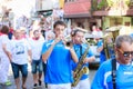 AMPUERO, SPAIN - SEPTEMBER 10: Unidentified group of musicians with a saxophone before the Bull Run on the street during festival Royalty Free Stock Photo