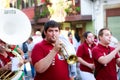 AMPUERO, SPAIN - SEPTEMBER 10: Unidentified group of musicians with a saxophone before the Bull Run on the street during festival Royalty Free Stock Photo