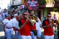 AMPUERO, SPAIN - SEPTEMBER 10: Unidentified group of musicians with a saxophone before the Bull Run on the street during festival Royalty Free Stock Photo