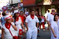 AMPUERO, SPAIN - SEPTEMBER 10: Unidentified group of people before the Bull Run on the street during festival in Ampuero, celebrat Royalty Free Stock Photo