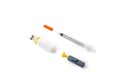 Ampule, syringe and finger prick. Royalty Free Stock Photo