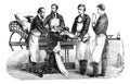 Amputation of the thigh. Positions of the surgeon and assistants, vintage engraving