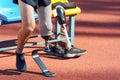 Amputee athlete is getting ready for a race. Runner with a prosthetic leg.