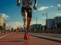 Amputee athlete participates in a race. Man with prosthetic leg running and aiming to win a competition.