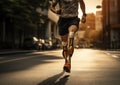 Amputee athlete participates in a race. Man with prosthetic leg. Sportsman disability guy