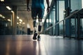 Unrecognizable Amputee Sportsman Walking with Bionic Prosthetic Legs