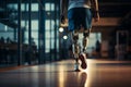 Unrecognizable Amputee Sportsman Walking with Bionic Prosthetic Legs